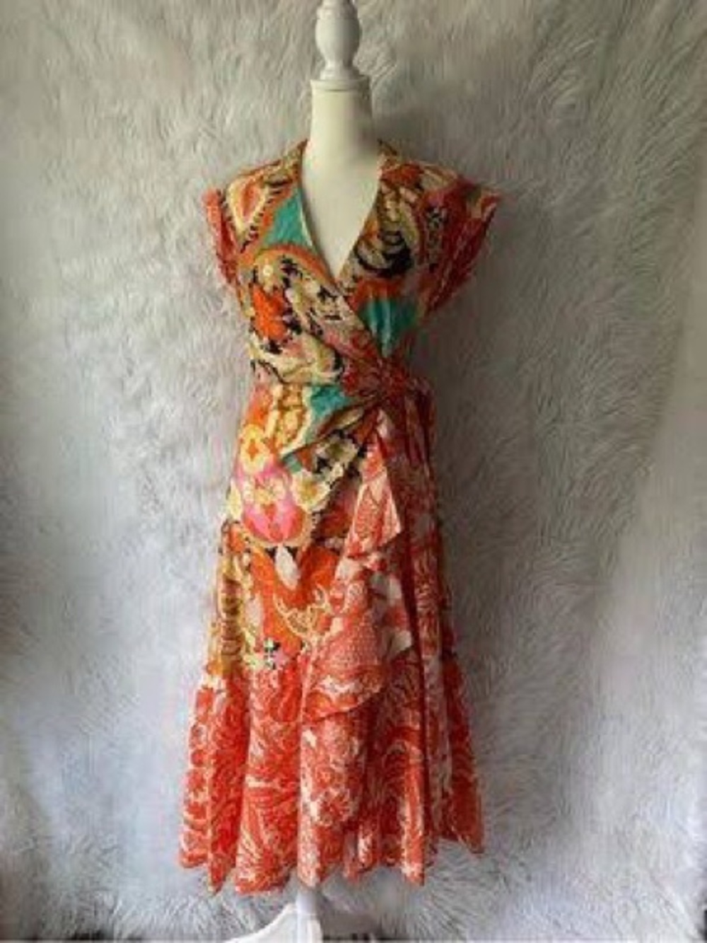 Anthropologie Orange Paisley Midi Wrap Dress with Turquoise Accents